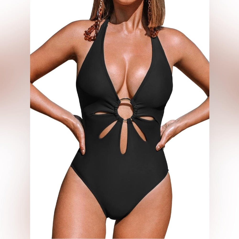 CUPSHE Women's One Piece Swimsuit Green Halter V Neck Cutout Bathing Suit XL NEW
